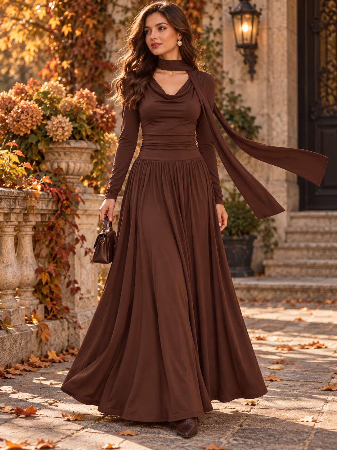 Vintage klasična elegantna ženska haljina za jesen/zimu, uska haljina s kapuljačastim izrezom i trakom, smeđa, elegantna haljina za goste na vjenčanju za žene, jesen/zima