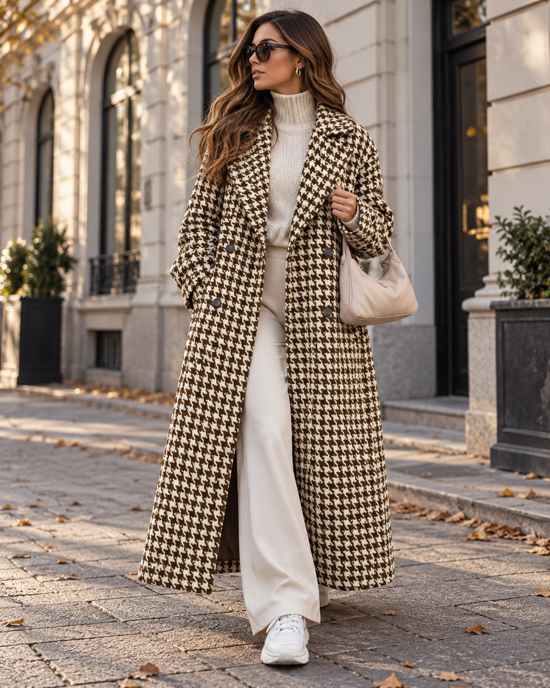 Vintage ležerni modni vjetrovik kaput, elegantna silueta, stezena struk, vizualno stajanje, visoka kvaliteta, uzorak houndstooth, duga jakna za jesen