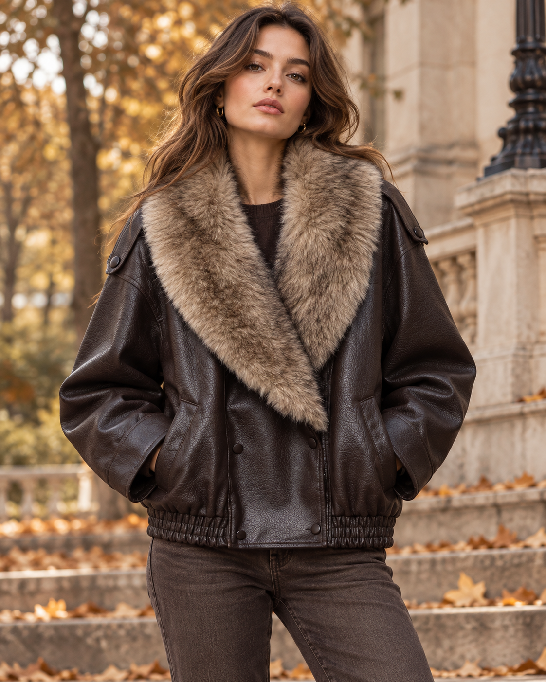 kožna jakna za žene s modnim ovratnikom od umjetnog krzna, dvoredna, elegantna zimska kaput za putovanje na posao i high street stil, nova kolekcija za žene