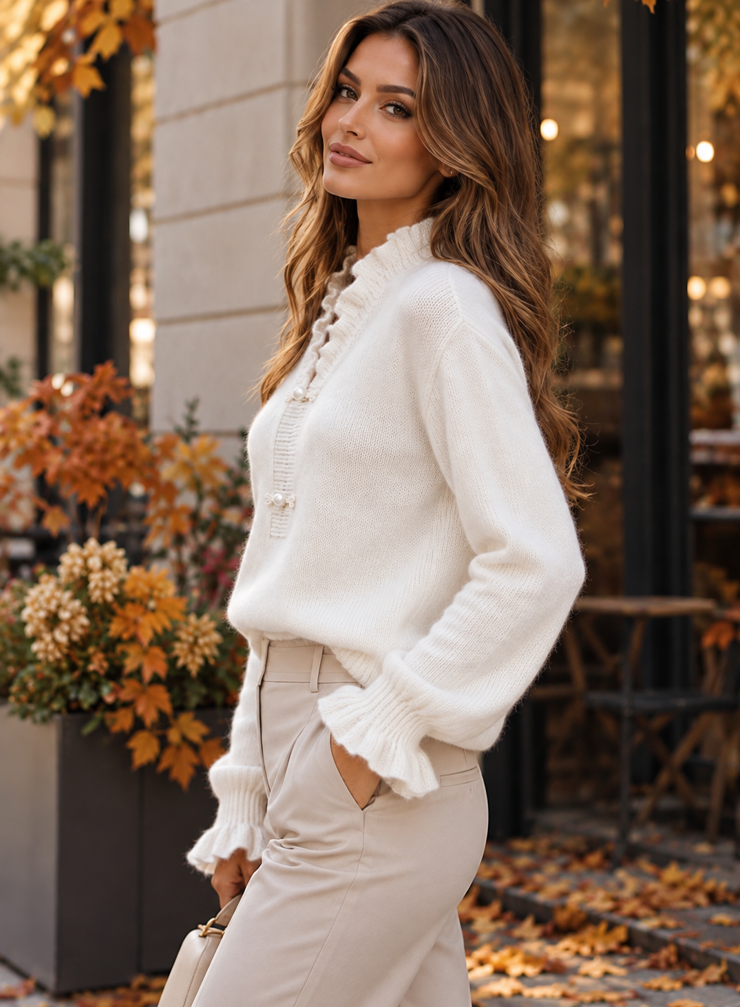 Nova ženska bluza za jesen/zimu, elegantna ležerna za posao, svestrana klasična moderna urbana, jednobojna, s podvrstima u obliku gljive, elegantnim gumbima u obliku žabe, duga, bijela