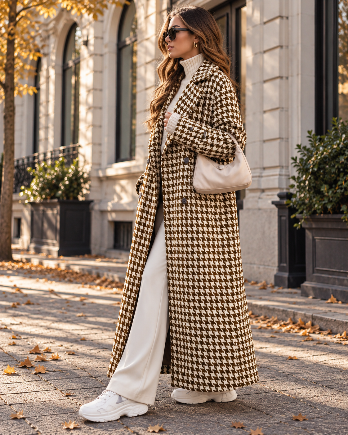 Vintage ležerni modni vjetrovik kaput, elegantna silueta, stezena struk, vizualno stajanje, visoka kvaliteta, uzorak houndstooth, duga jakna za jesen