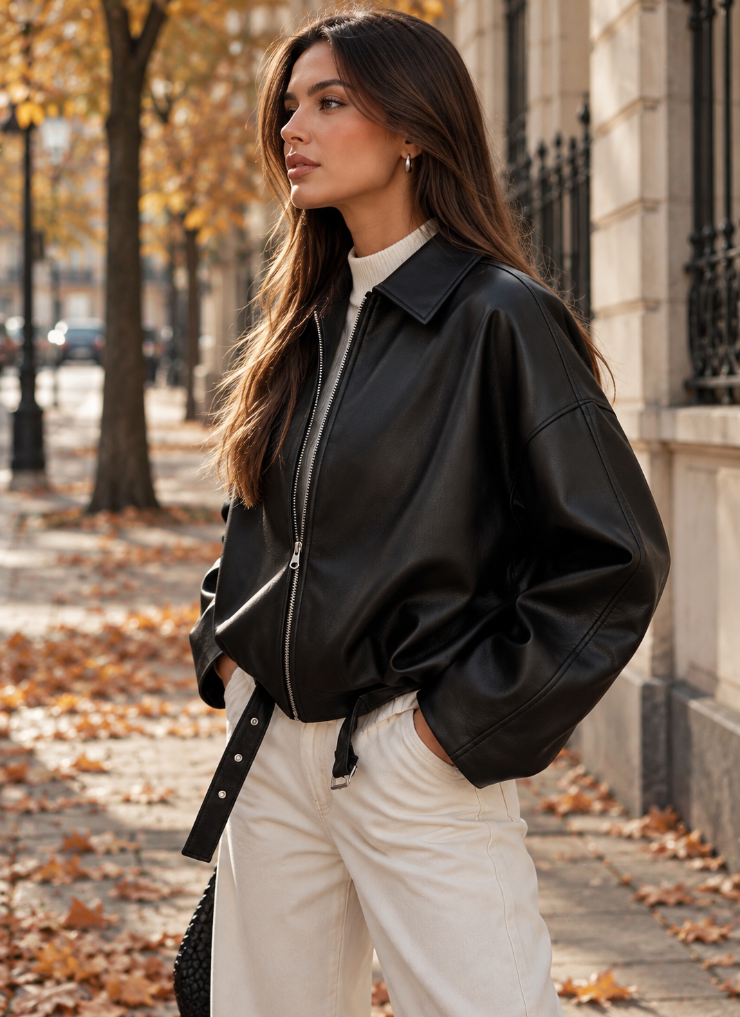 Nova vintage bomber jakna, jednobojna ležerna jakna s džepovima na patent, PU kožna jakna, regular fit, ženska zimska i jesenska jakna