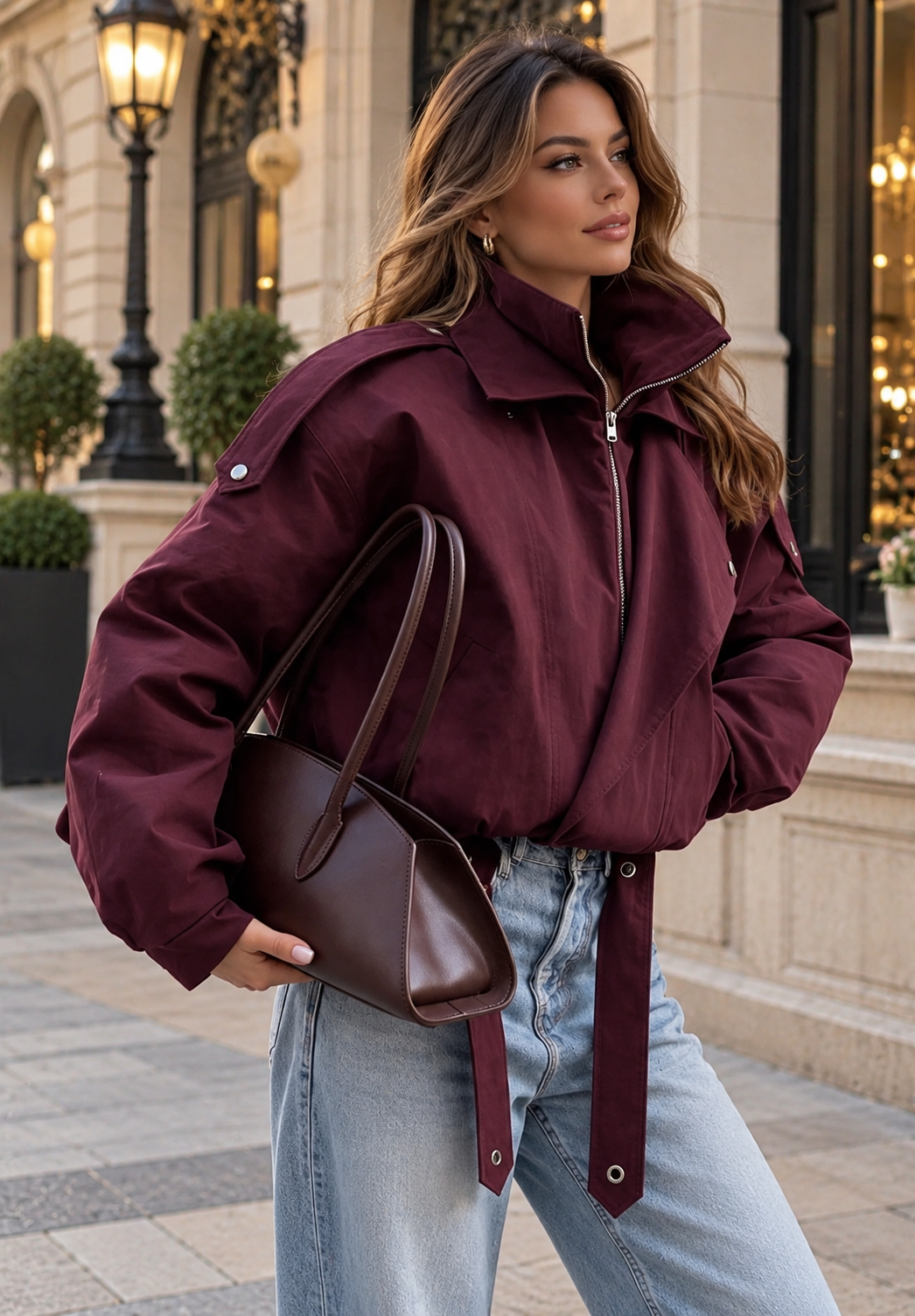Ženska kratka jakna od tkanine u college stilu s dvostrukim ovratnikom i remenom, back to school outfit, dugi rukavi, kratka duljina, jesen/zima