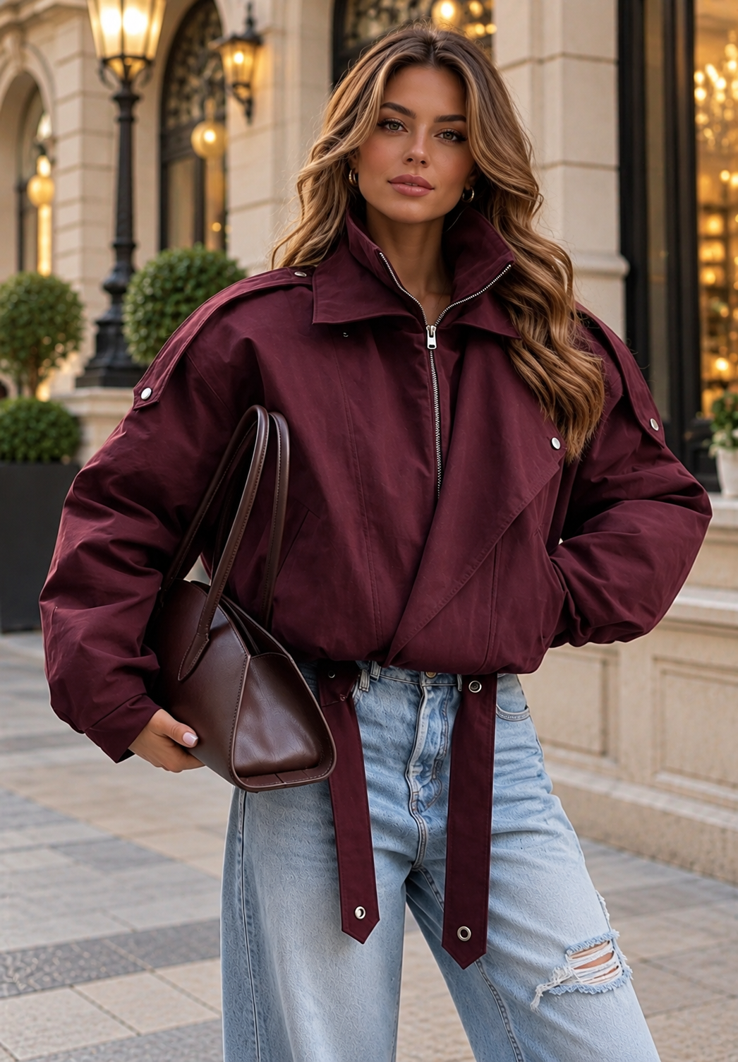 Ženska kratka jakna od tkanine u college stilu s dvostrukim ovratnikom i remenom, back to school outfit, dugi rukavi, kratka duljina, jesen/zima