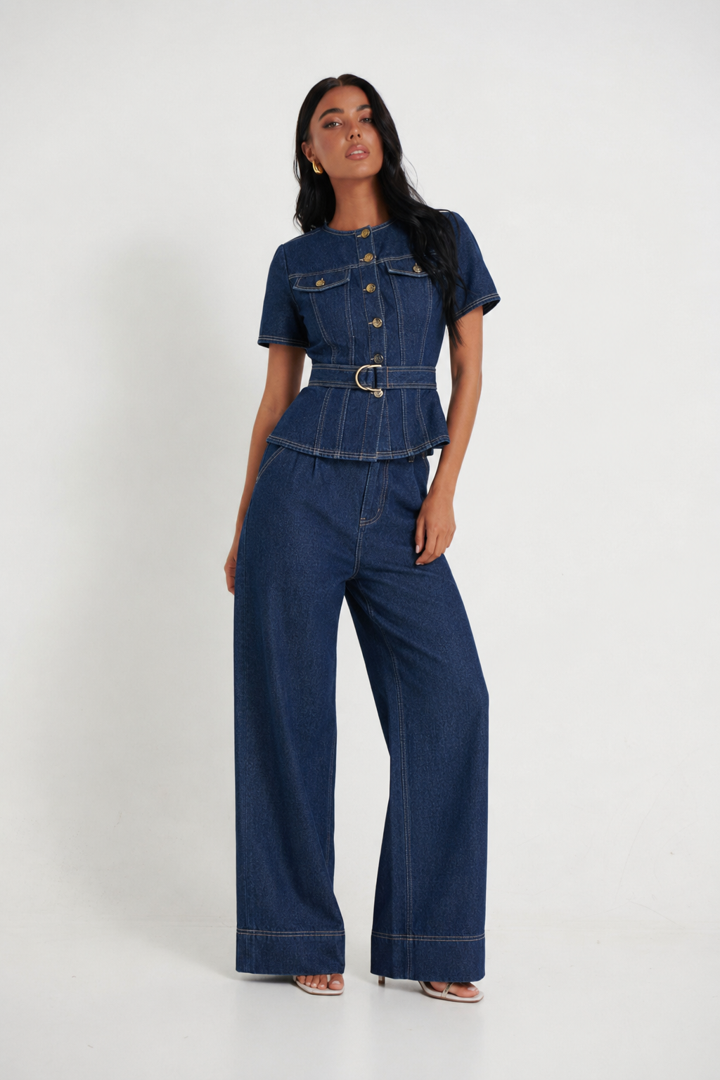 Ženski Proljetni/Ljetni Novi Modni Denim Set, Kratki Top s Ruffles i Visoki Struk Široke Hlače