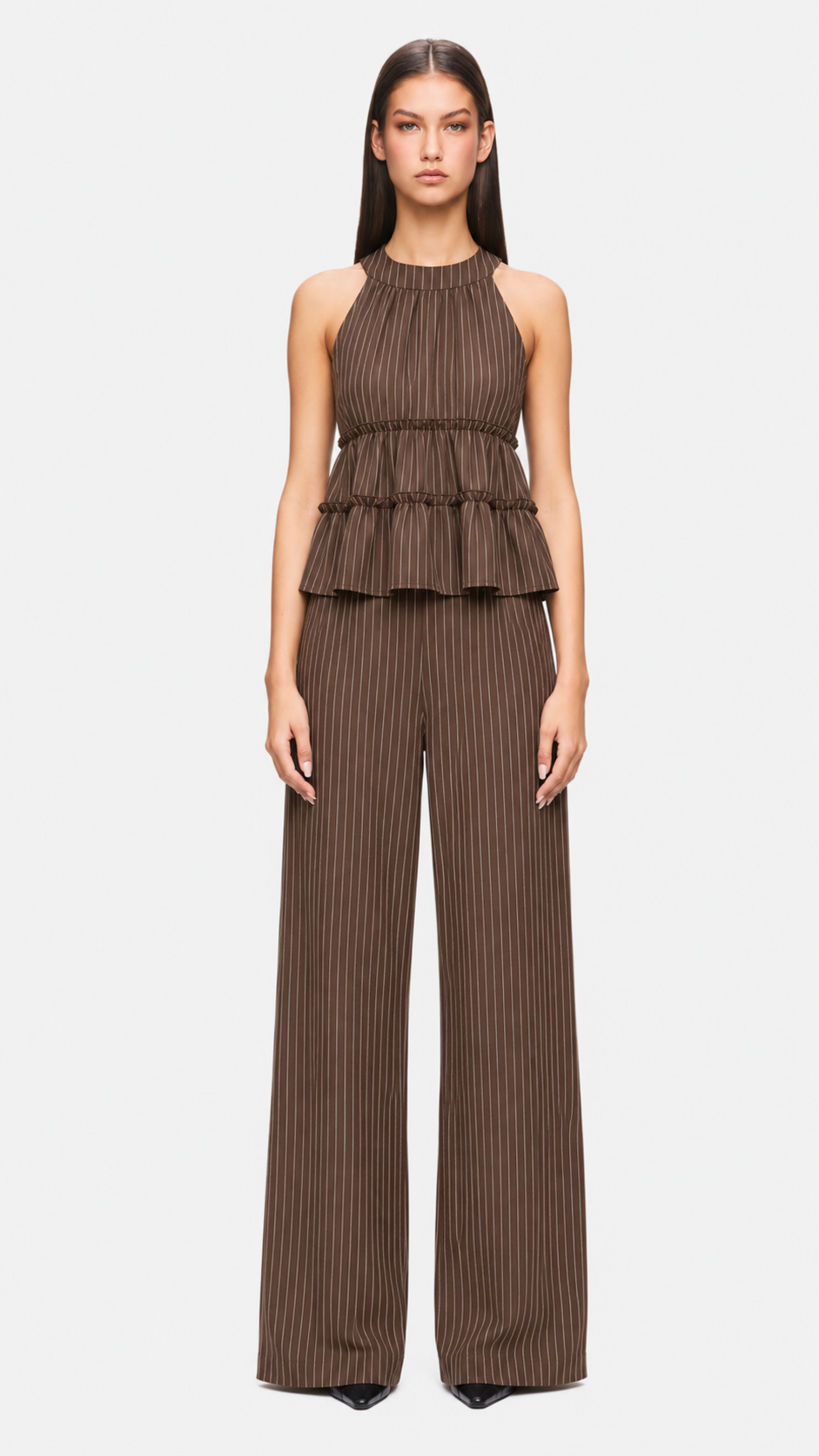 Ženska Prugasta Halter Vrh Sa Ruffle I Hlače Casual 2 Komada Set
