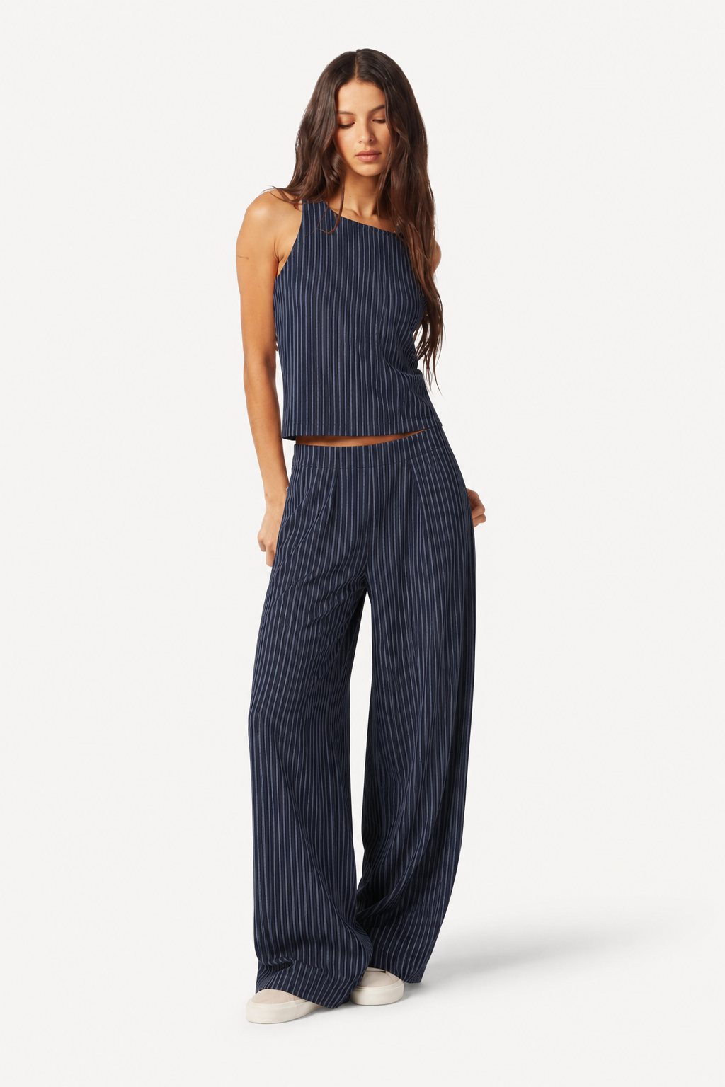 Visoka Ženska Prugasta Majica na Halter i Udobne Pantalone sa Ravnim Nogu 2 Dijela Set