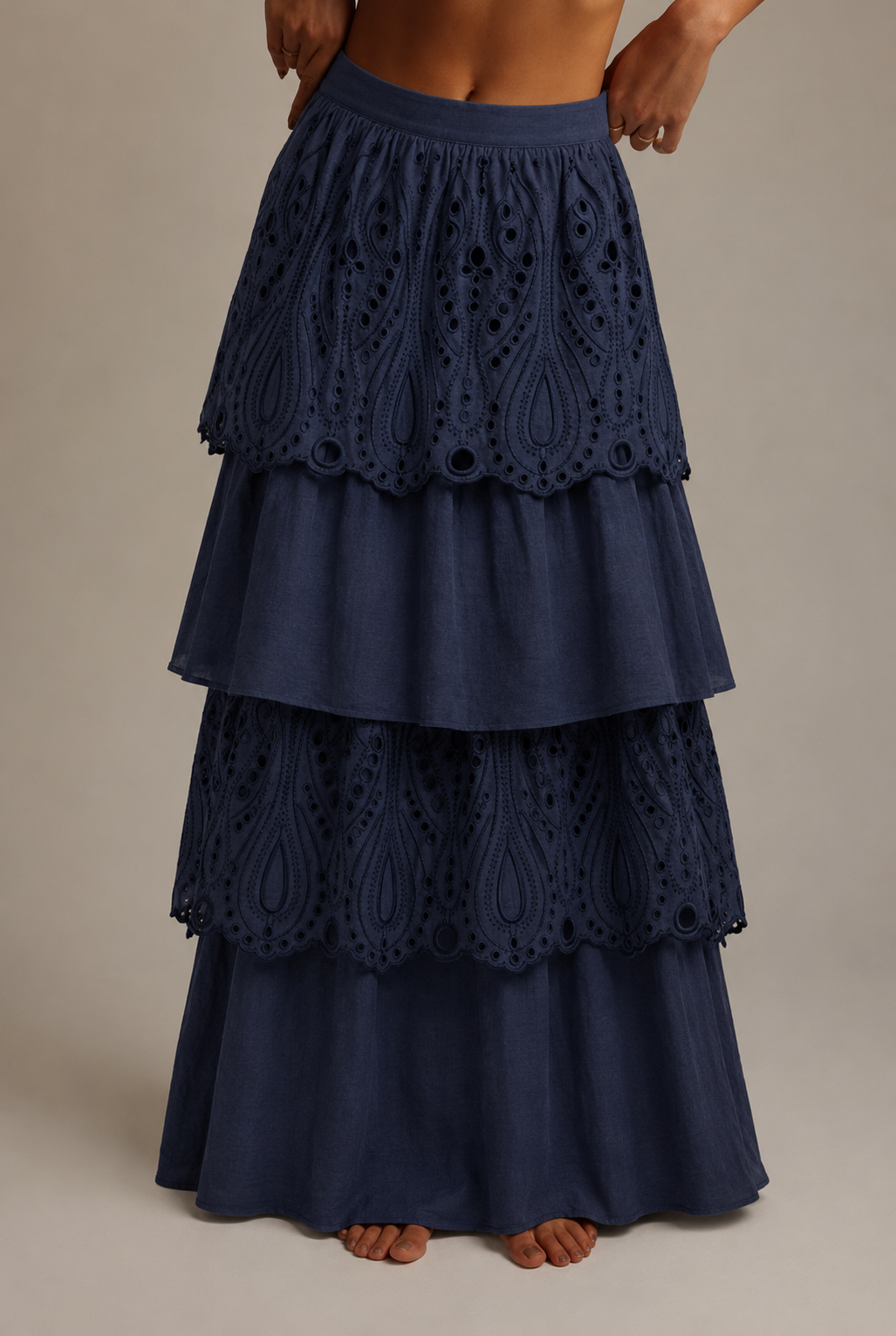Midnight Blue Tiered Maxi Suknja sa Elastičnom Trakom, Slojeviti Ruffles, Slojevite Panele