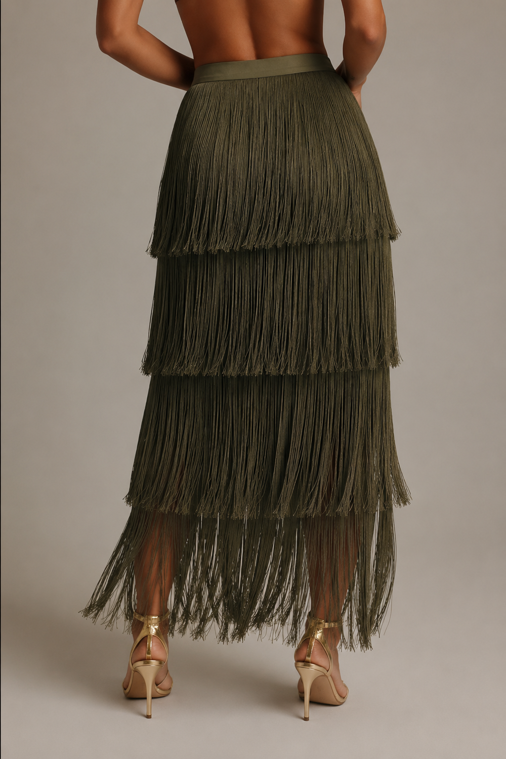 Petite Ženska Elegantna Midi Suknja sa Tiered Fringes u Maslinastoj Zelenoj Boji
