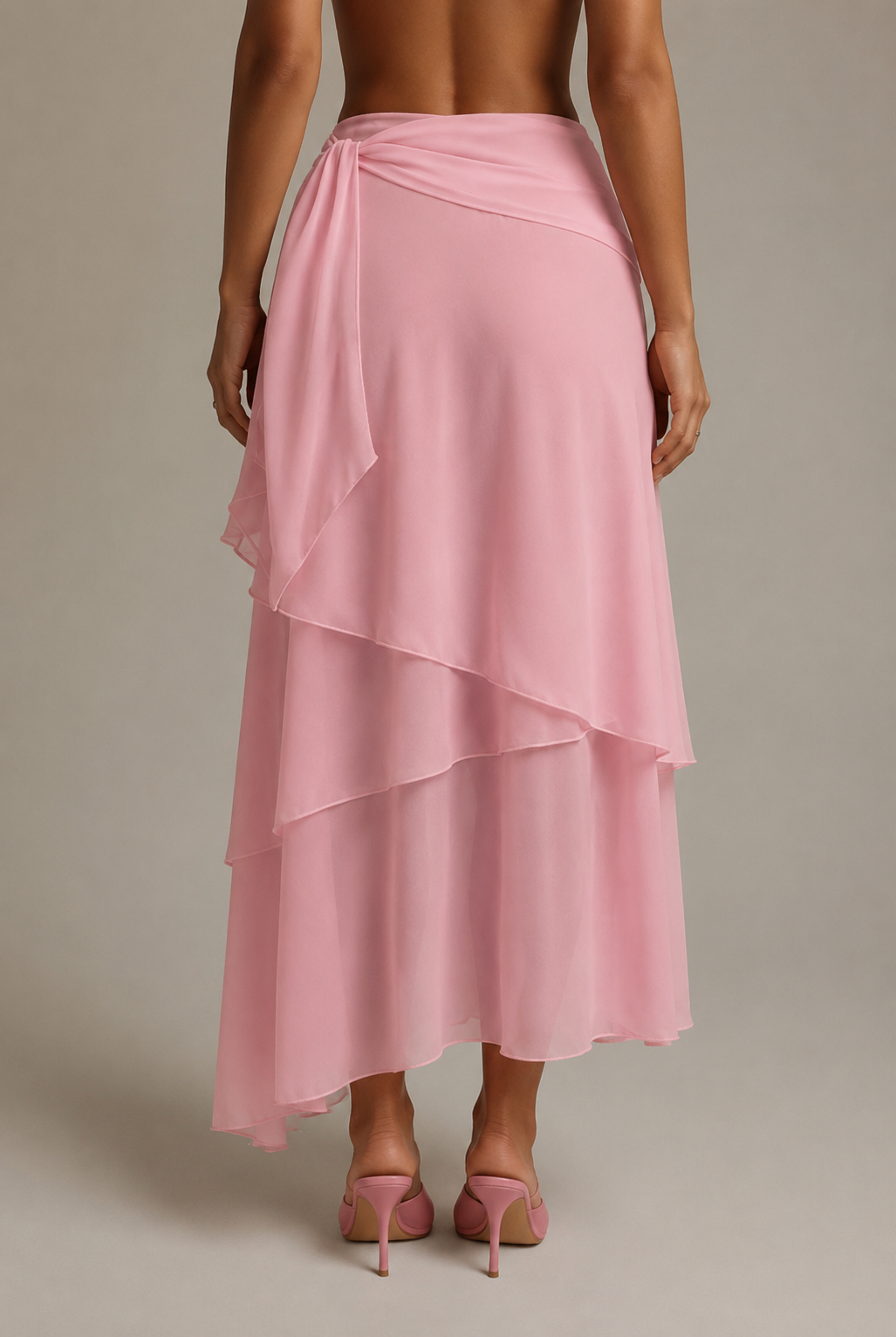 Elegantna Roza Suknja sa Prednjim Kavezom, Asimetrična Slojna Chiffon Suknja