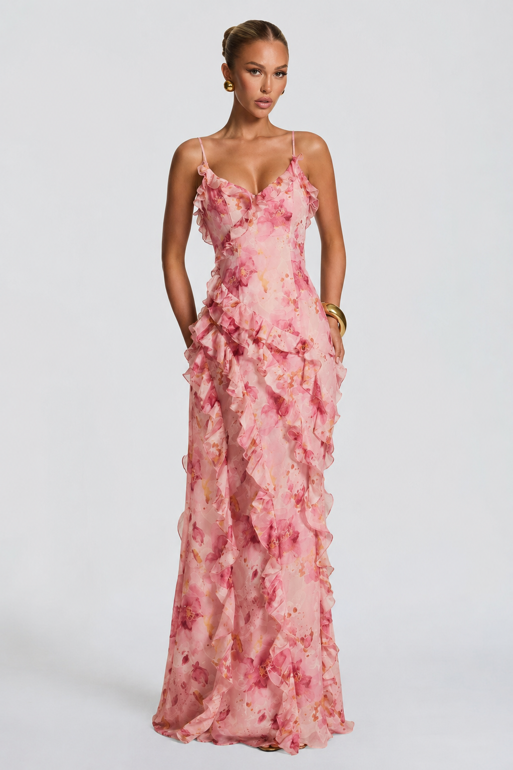 Cvjetna Jacquard V-Neck Ruffles Hem Sirena Haljina, Cvjetna Haljina