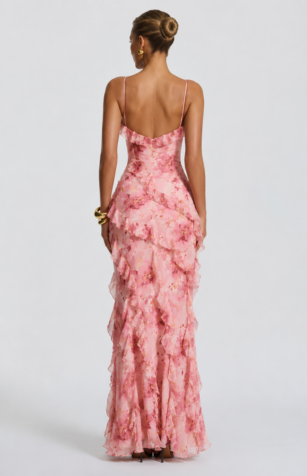 Cvjetna Jacquard V-Neck Ruffles Hem Sirena Haljina, Cvjetna Haljina