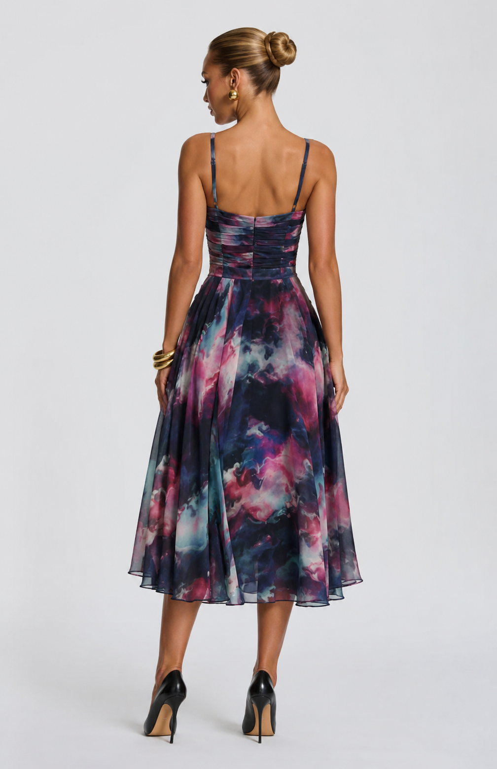 Ženska Ombre Print Ruched A-Linija Sans Rukava Midi Haljina