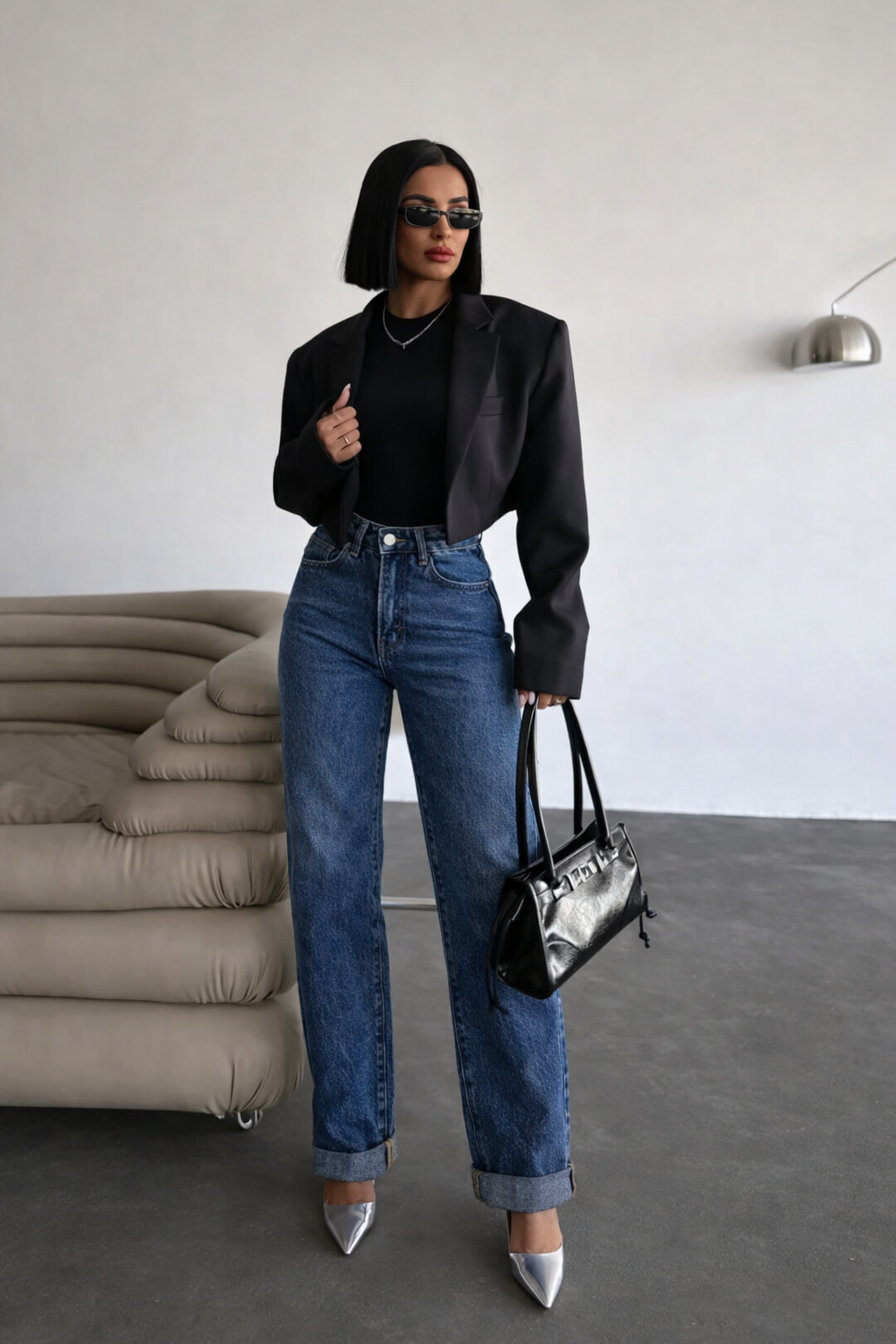 PETITE Farmerice visokog struka sa rolovanjem na rubu - Mom Fit