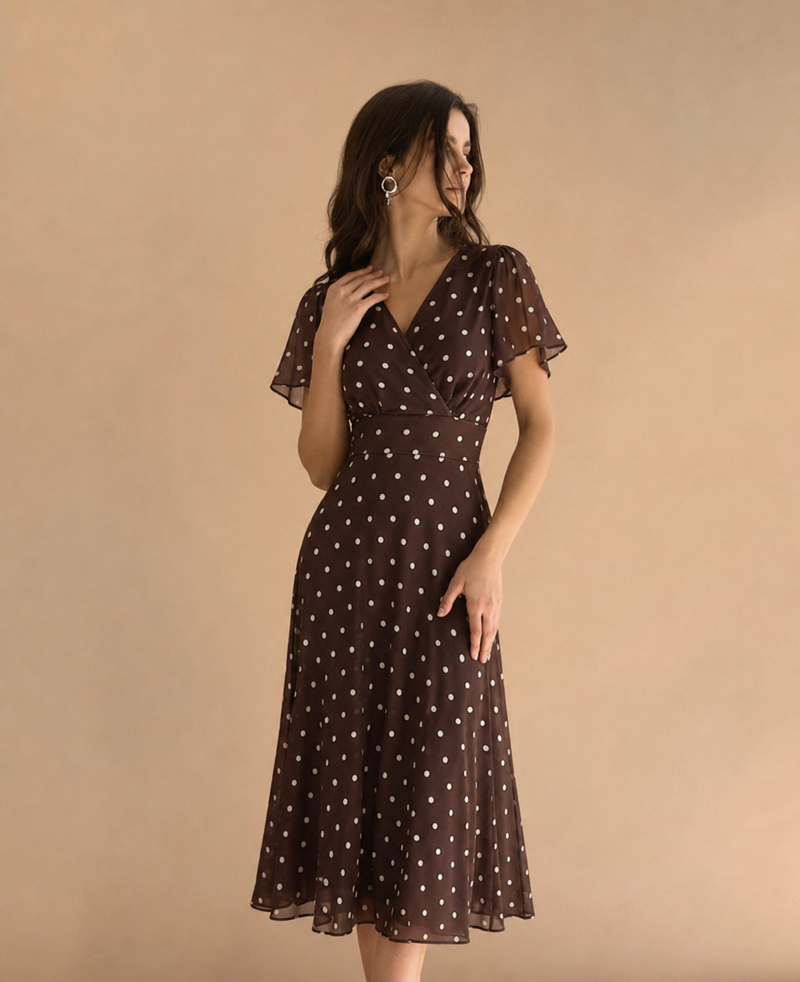 Amoa - Ženska Fasionabla Elegantna Haljina s Pojedom na Dots V-Izrez Midi Dužine