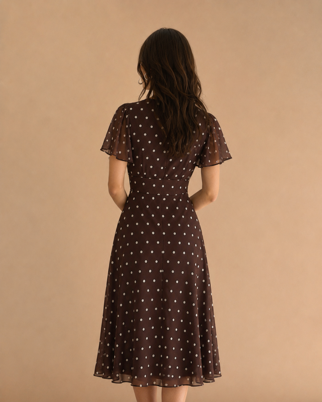 Amoa - Ženska Fasionabla Elegantna Haljina s Pojedom na Dots V-Izrez Midi Dužine