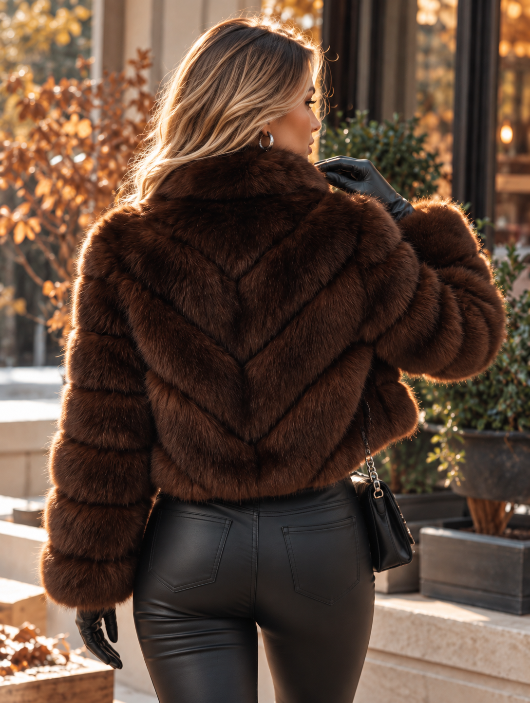 Luksuzna kratka jakna od umjetnog krzna, jesen, zima, za izlaske i večere, elegantna, šik, formalna, božićna, tamnosmeđa