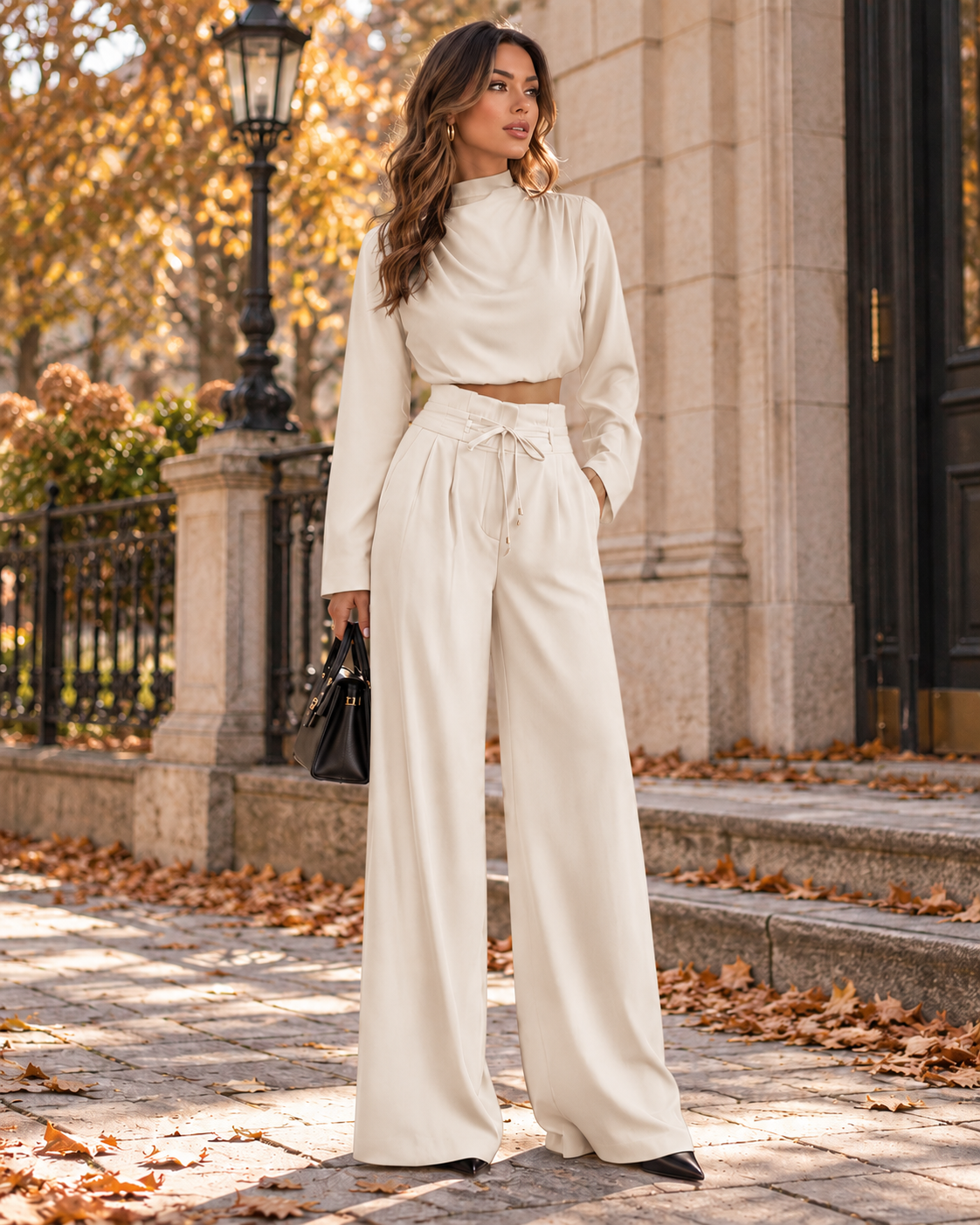 Ženski zeleni elegantni set od dva dijela s ovratnikom i širokim hlačama, lagani i udobni set hlača, asimetrični set od dva dijela bez rukava, set od dva dijela za Dan učitelja, set od dva dijela s dugim rukavima za putovanje na posao, ženski set