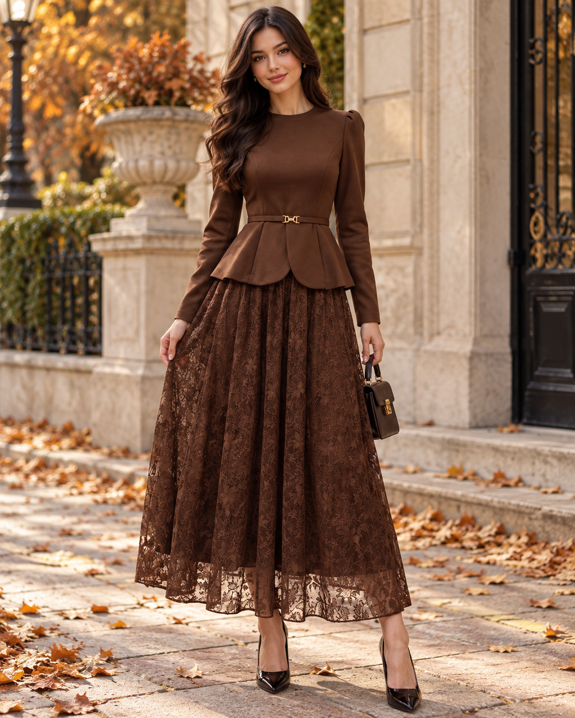 Elegantan modni ženski dvodijelni set za proljeće/jesen, nježni stil za posao, s čipkastom suženom suknjom s naglašenim strukom i širokim donjim dijelom koja prikriva nedostatke