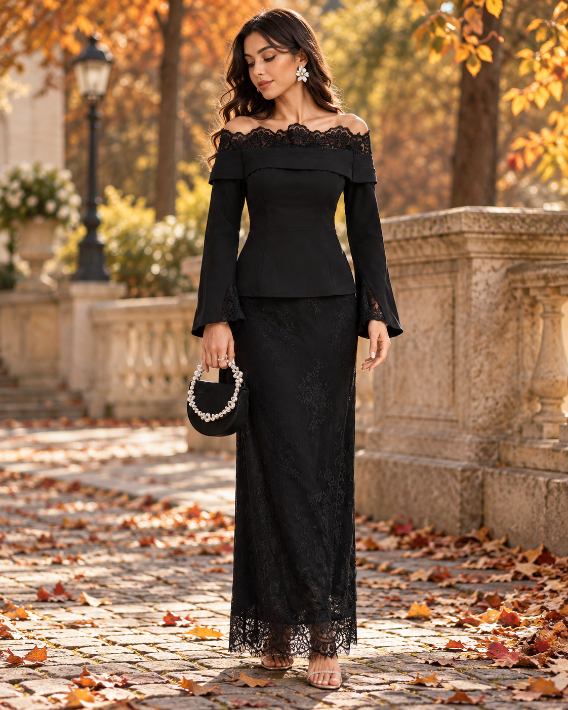 Ženski kontrastni čipkasti top i suknja s otvorenim ramenima, elegantni set od 2 komada, svečana haljina s otvorenim ramenima, svečana haljina s dugim rukavima, crna čipkasta svečana haljina, elegantna crna haljina, ženske elegantne ležerne jesen