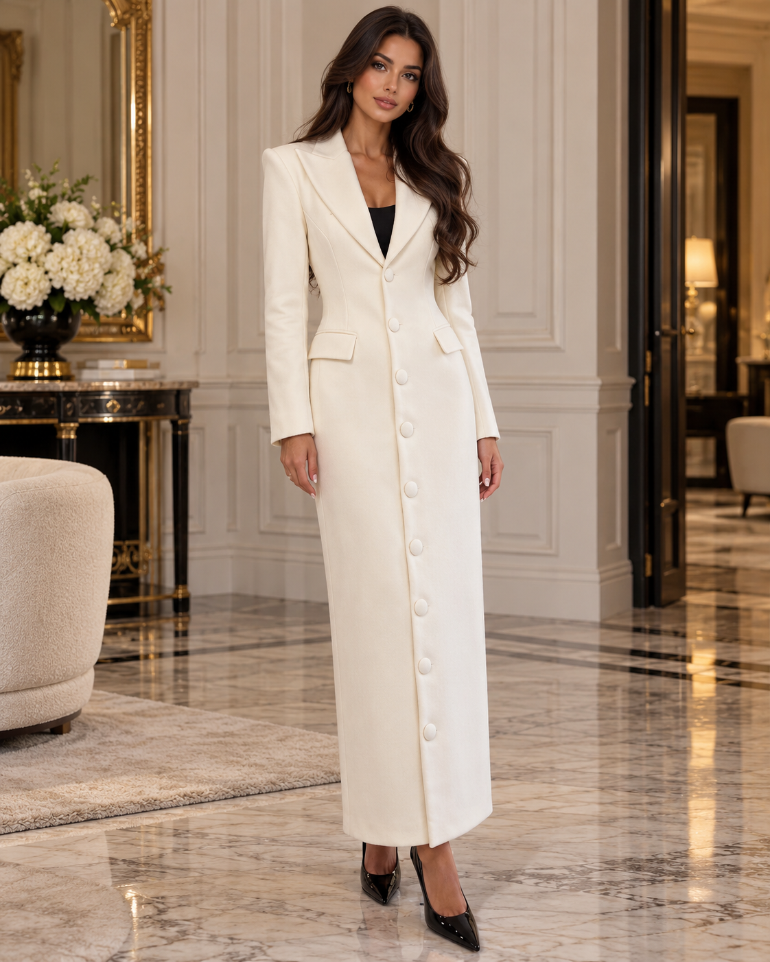 Elegantan šik ležerni dugi kaput regular kroja s steznim strukom, ženski zimski kaput, novogodišnji outfit