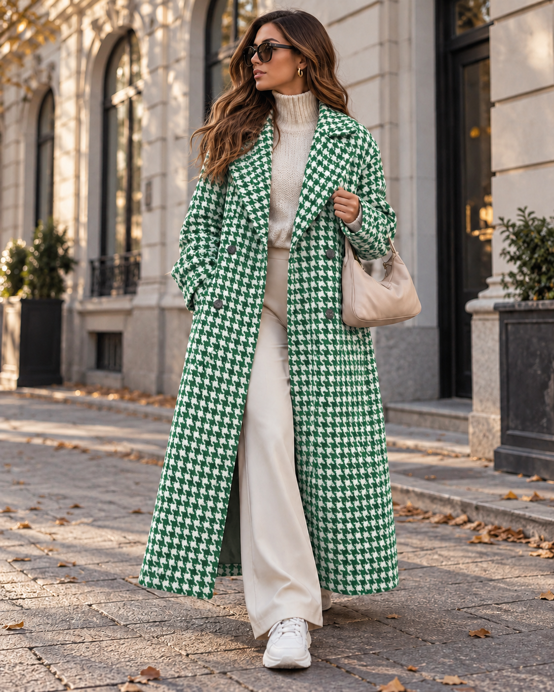 Vintage ležerni modni vjetrovik kaput, elegantna silueta, stezena struk, vizualno stajanje, visoka kvaliteta, uzorak houndstooth, duga jakna za jesen