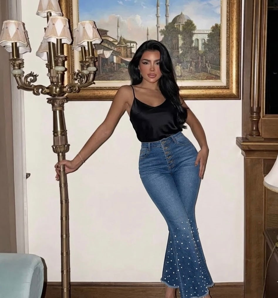 Džins lepršave nogavice za žene s jednim kopčanjem - dekoracija od lažnih bisera - moderna uska izrada - proljetna odjeća za žene