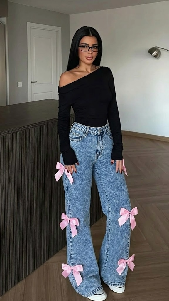 Slaydiva Ženske Flarirane Farmerke sa Ukrasnim Mašnama