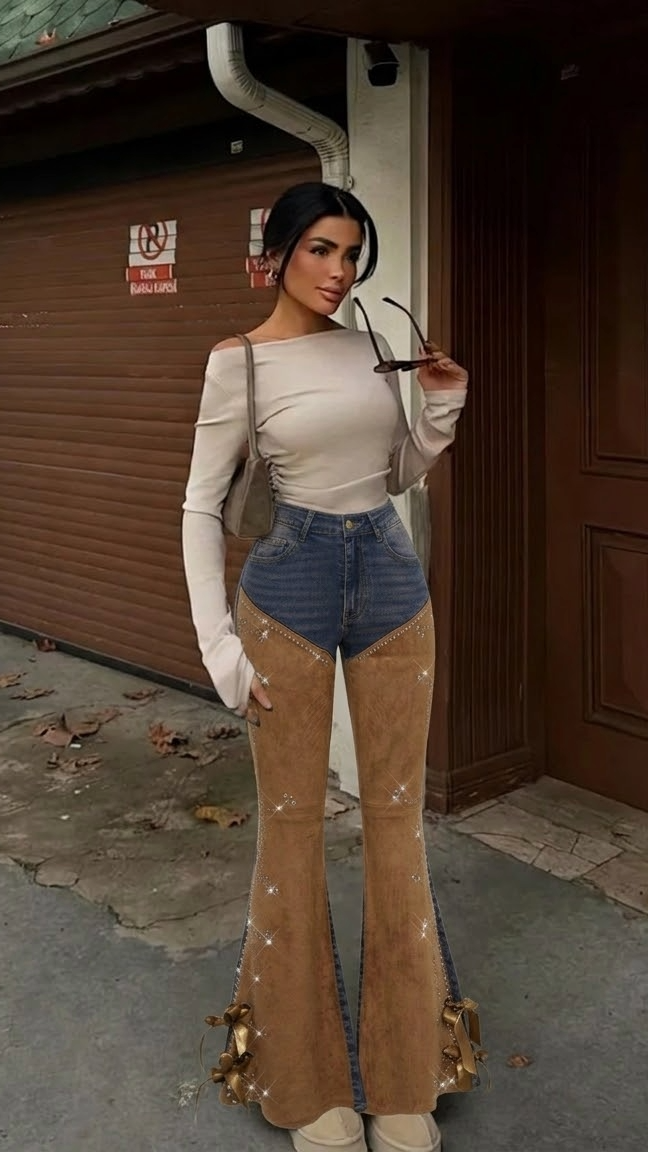 ROMWE Hipijevski Zapadni Cowboy Suede Patchwork Oštećeni Vintage Ženski Flare Niske Struk Jeans