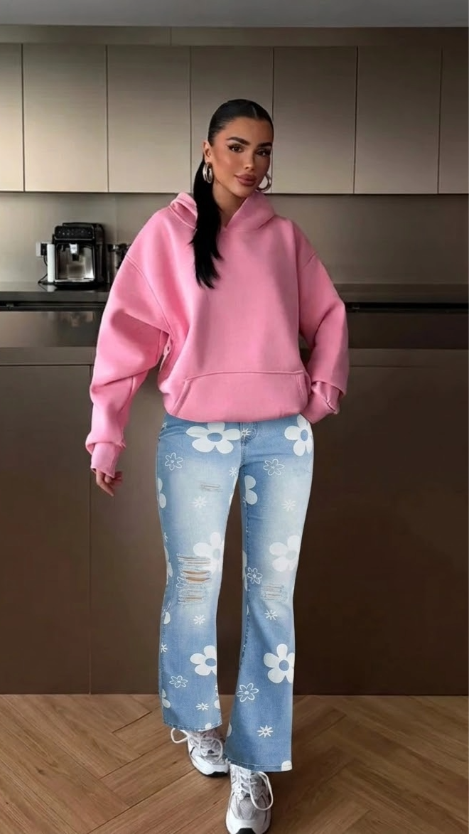 Ženske traperice s visokim strukom, cvjetni uzorak, izrezane i poderane, bootcut dizajn