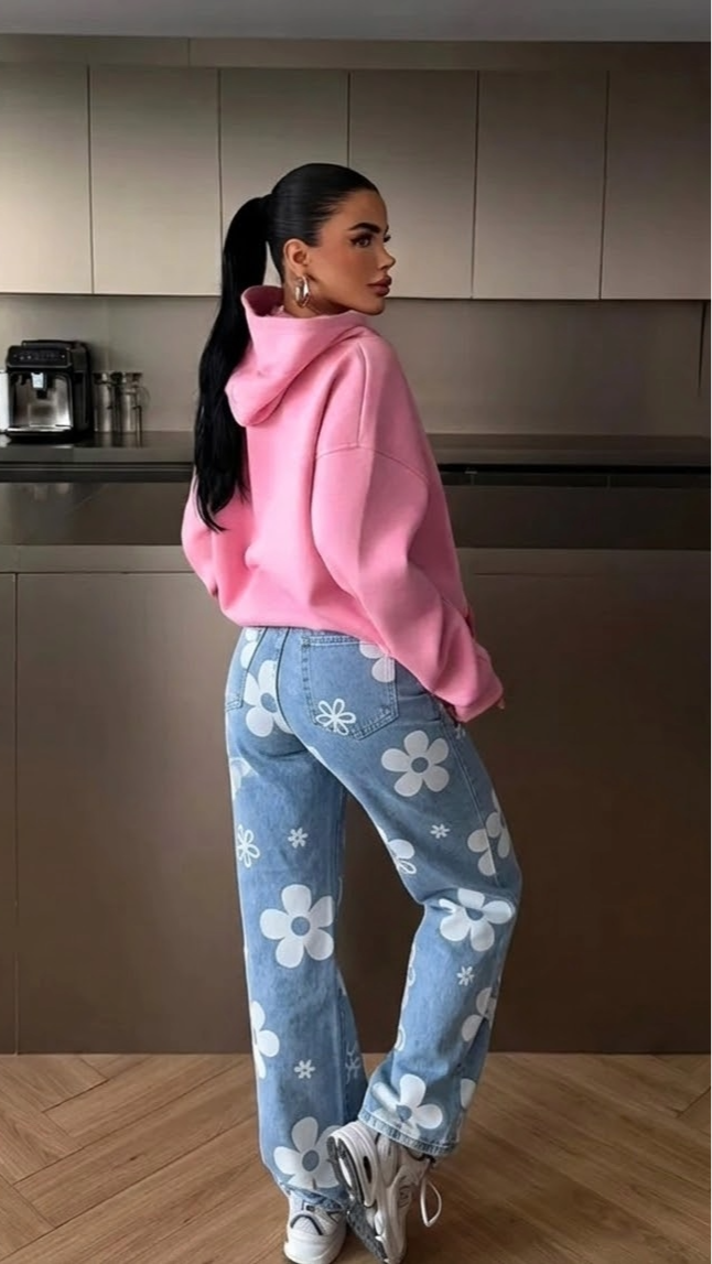 Ženske traperice s visokim strukom, cvjetni uzorak, izrezane i poderane, bootcut dizajn