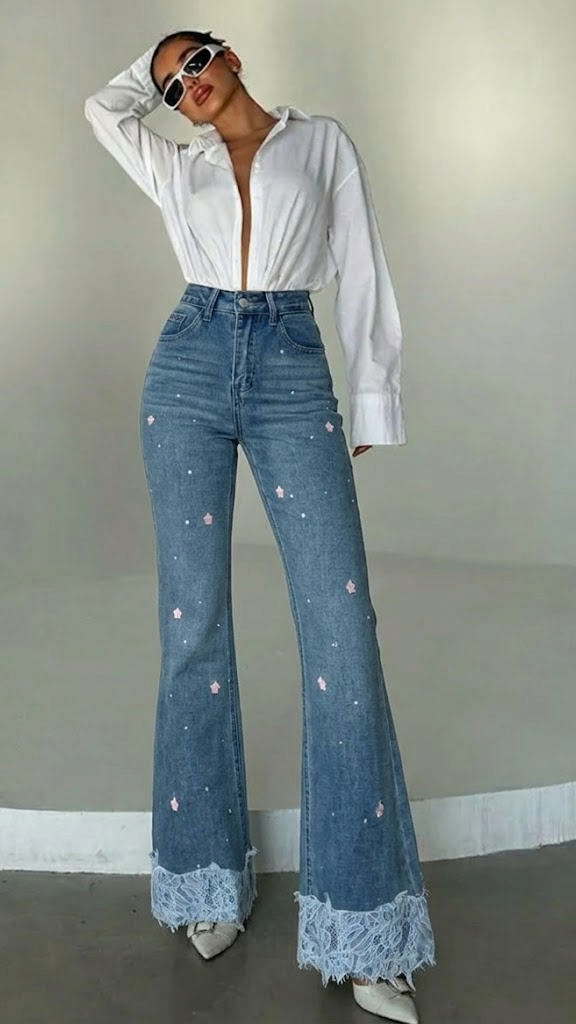 DAZY Ženske Slim Fit Seksi Bell Bottom Casual Pantalone sa Čipkastim Umetkom, Vezeni Cvjetni Print Cjelovite Dužine Farmerke