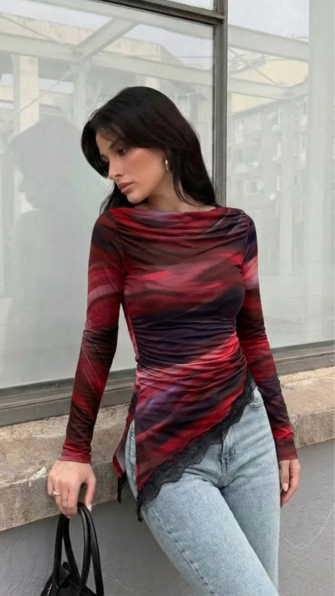 EMERY ROSE Asimetrična Ružna Duga Rukava Majica u Marbling Ombre Printu za Proljeće