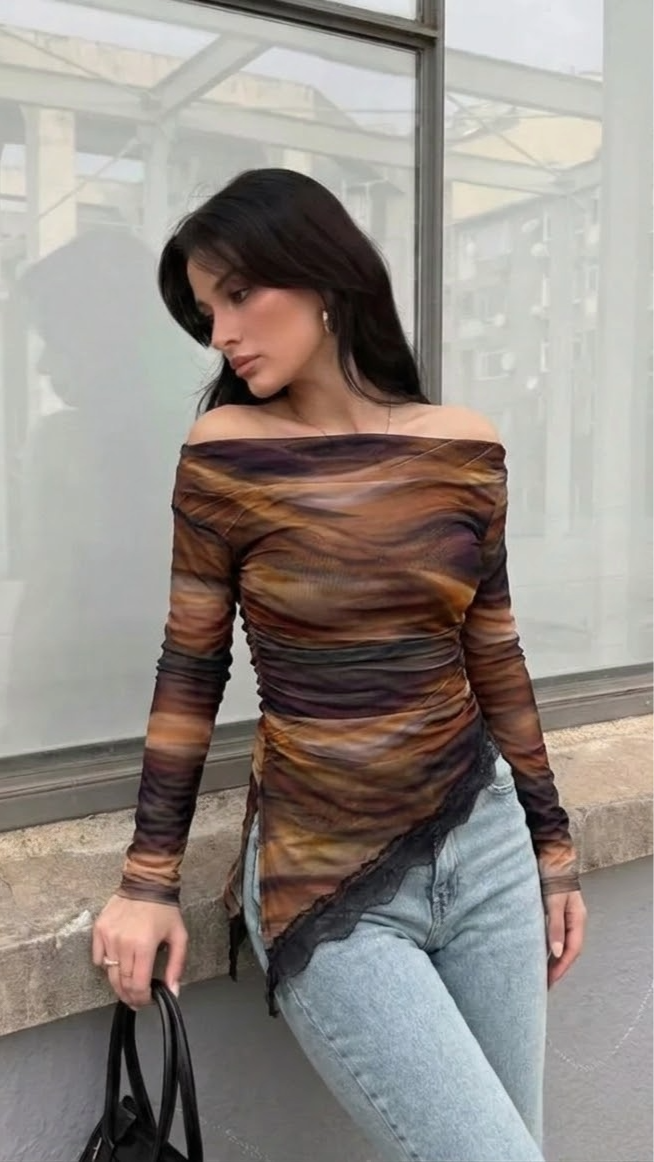 EMERY ROSE Asimetrična Ružna Duga Rukava Majica u Marbling Ombre Printu za Proljeće