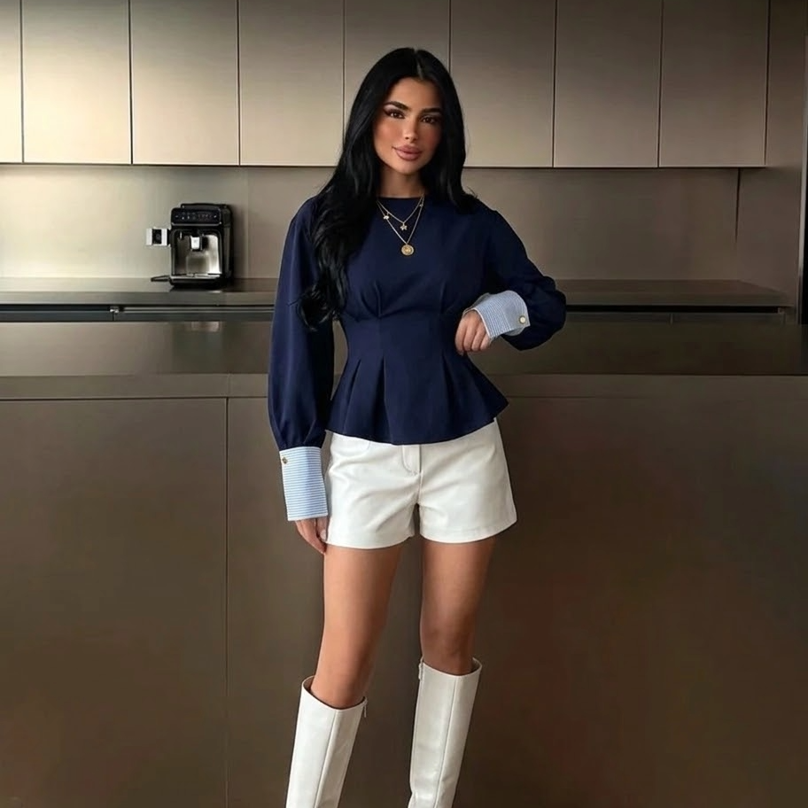 Easowa Elegantna Ženska Plava Majica Bluzon Okrugli Izrez Prugasta Manžeta Pojasnjen Dno Modna Bluzon Elegantna Ženska Bluzon Ženska Kratka Majica Dugi Rukav Majice za Žene Poslovna Odevna Za Žene Zima Žene Poslovna Ležerna Za Žene Tamno Plava Majica Nav