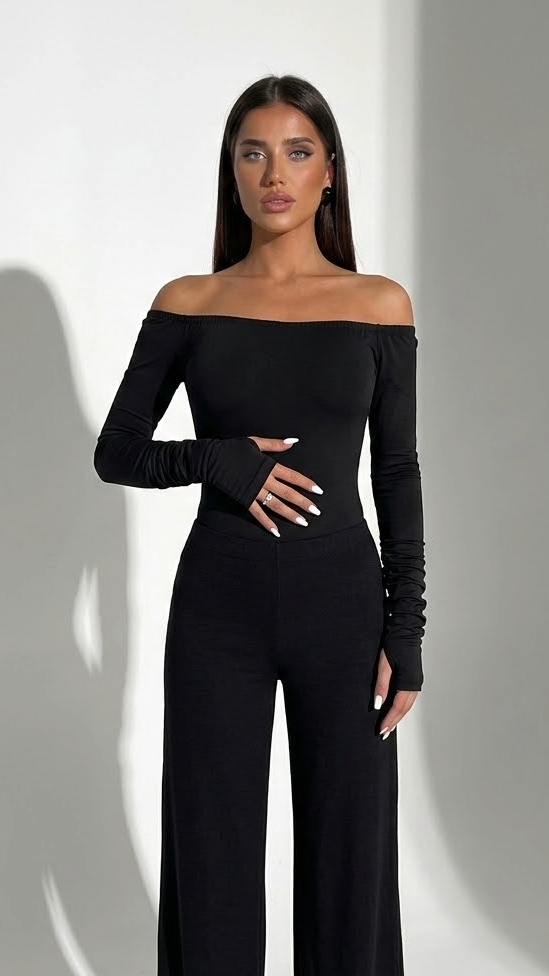 ChicMe Ženski Off-Shoulder Fitted Kombinezon, Dug Rukav T-Shirt Sa Rupama Za Prste, Jednobojni Uređeni Osnovni Ulični Stil Za Kancelariju, Zabavu
