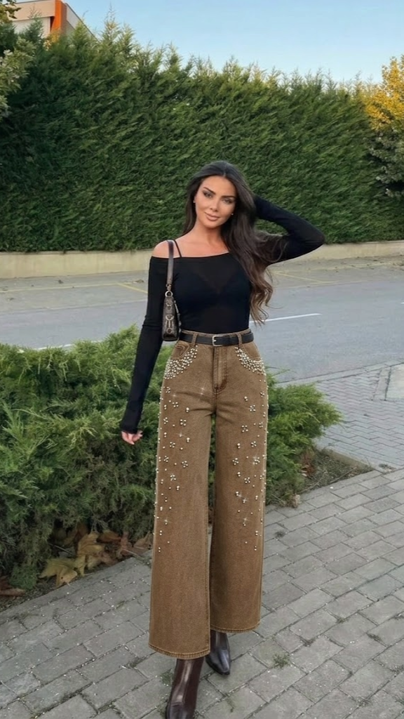 MOD Ženske Farmerke sa Dugmetima i Džepovima sa Lažnim Biserima