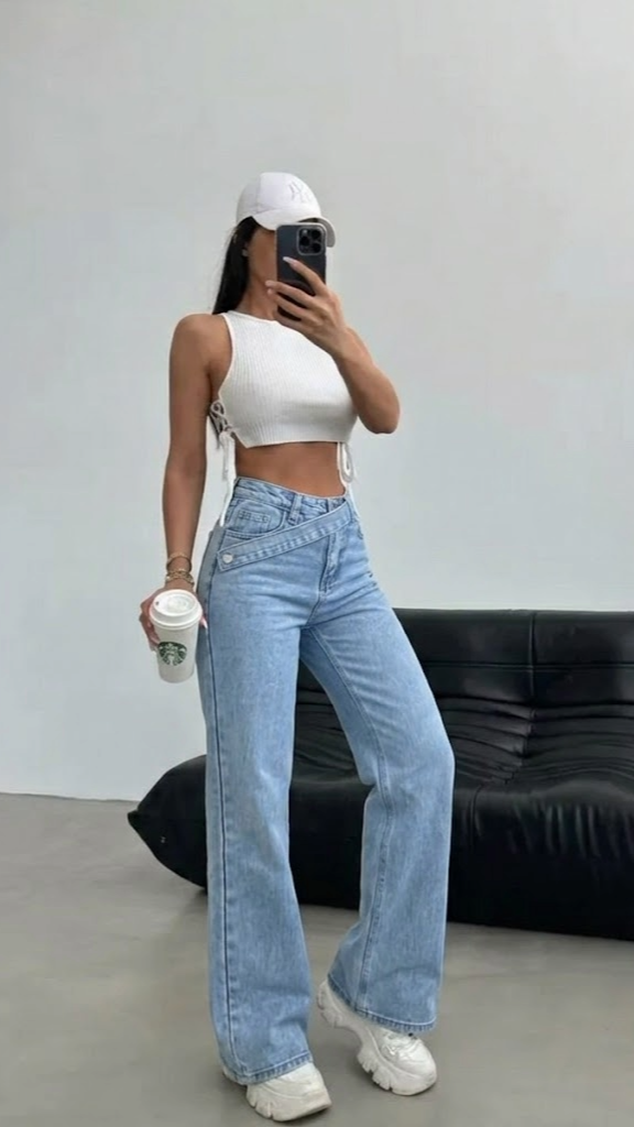 Ženske asimetrične traperice sa remenom i bočnim džepovima