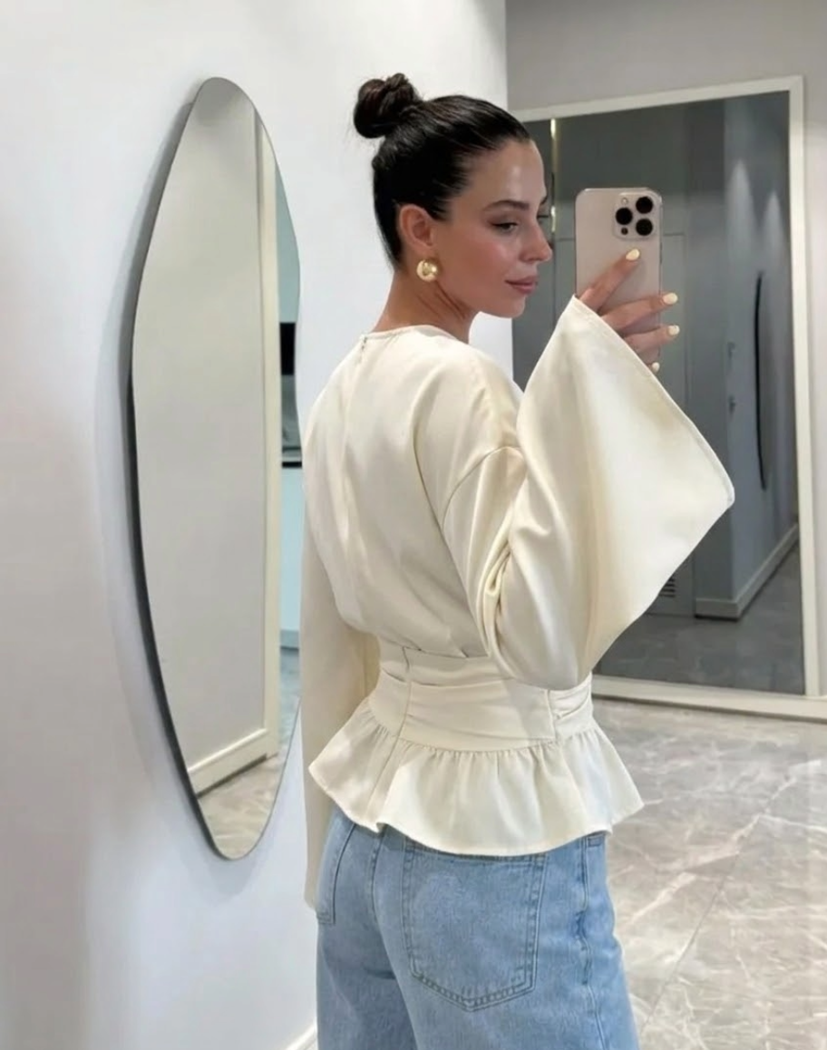 Siren Gaze Ruffled Drape Košulja Dugih Rukava, Bijela Košulja, Crew Neck Pulover Košulja Peplum Bluzica Volani Bluzica Kremasta Bluzica Skromna Bluzica Zimska Ležerna Proljeće
