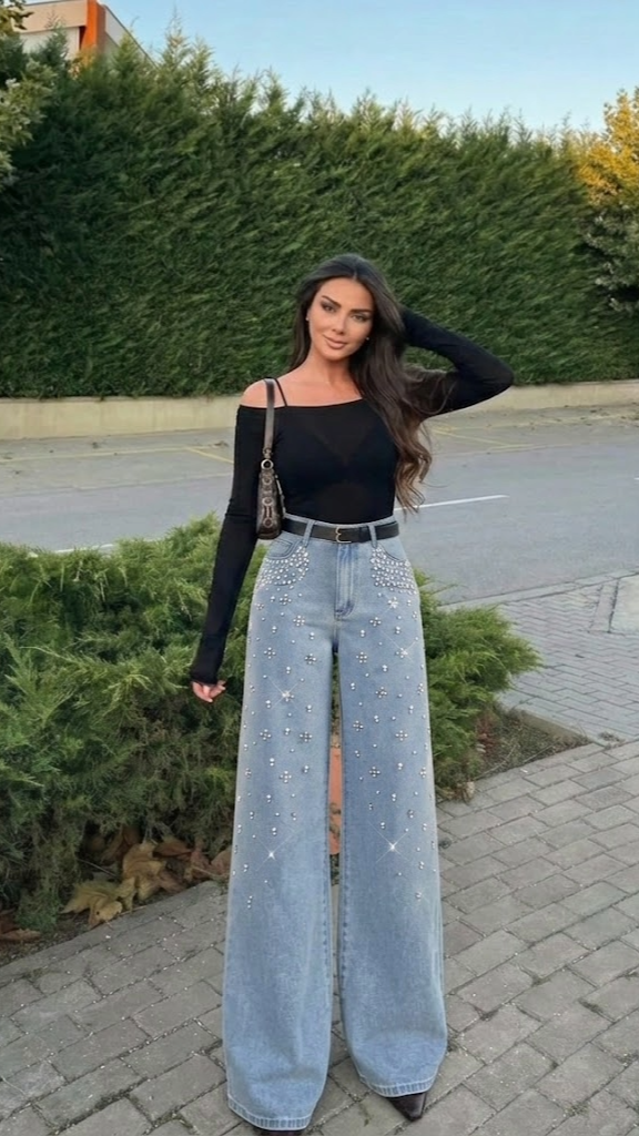 MOD Ženske Farmerke sa Dugmetima i Džepovima sa Lažnim Biserima