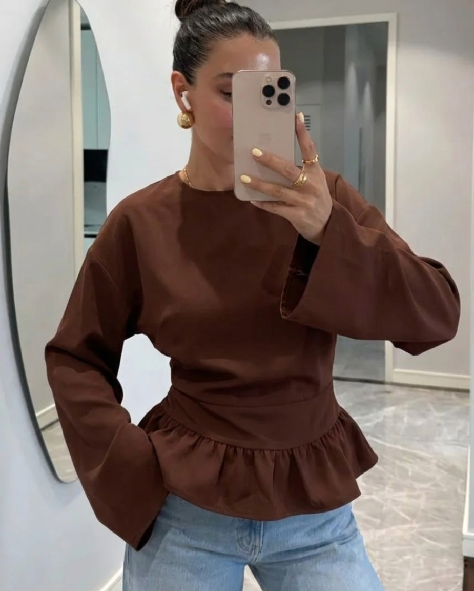 Siren Gaze Ruffled Drape Košulja Dugih Rukava, Bijela Košulja, Crew Neck Pulover Košulja Peplum Bluzica Volani Bluzica Kremasta Bluzica Skromna Bluzica Zimska Ležerna Proljeće