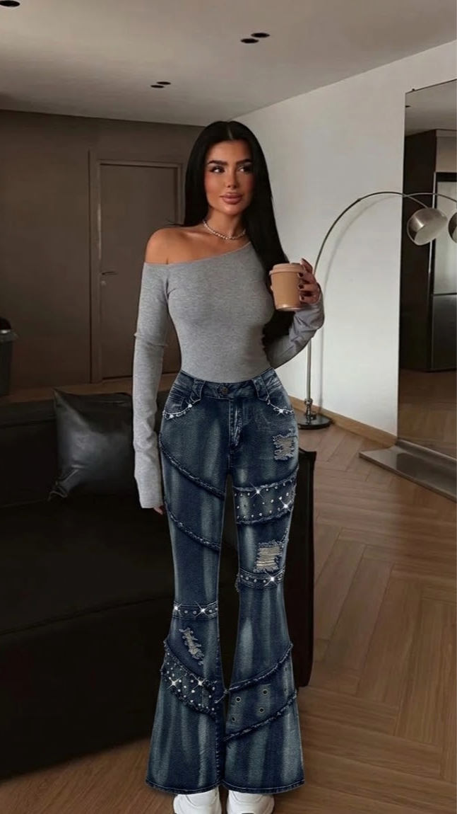 ROMWE Grunge Punk Proljetno/Ljetni Casual Punk Rivet Dekor Raspadnuti Vintage Prikriveni Flare Farmerke