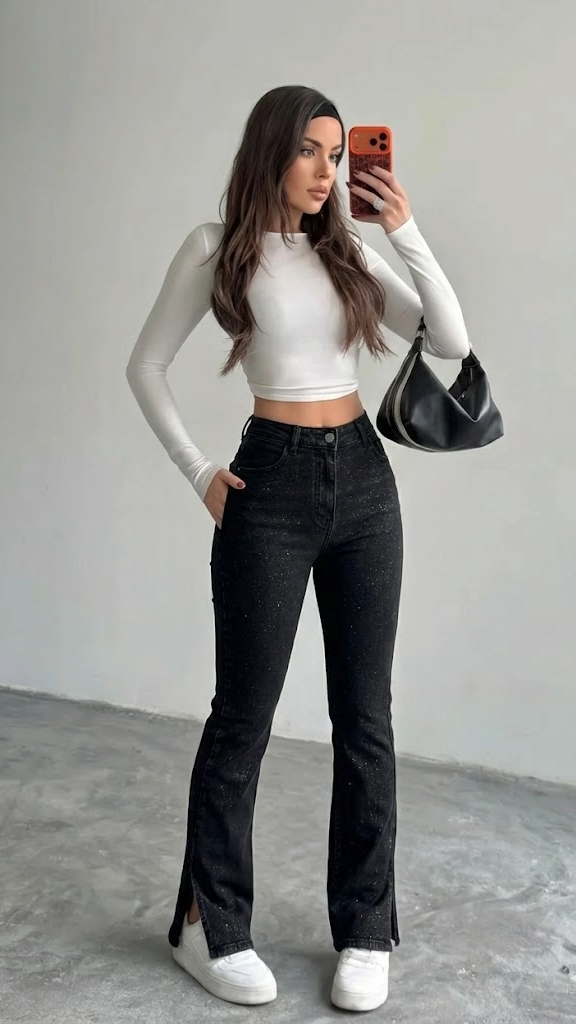 Crne retro stil uske traperice sa razdvojenim rubom