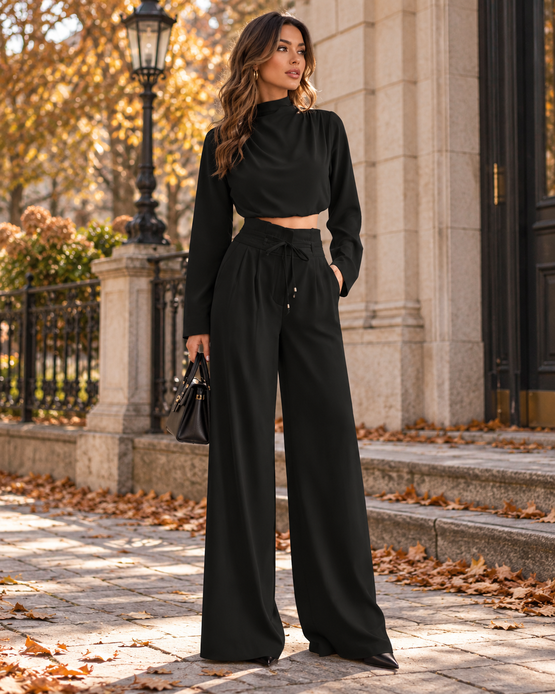 Ženski zeleni elegantni set od dva dijela s ovratnikom i širokim hlačama, lagani i udobni set hlača, asimetrični set od dva dijela bez rukava, set od dva dijela za Dan učitelja, set od dva dijela s dugim rukavima za putovanje na posao, ženski set