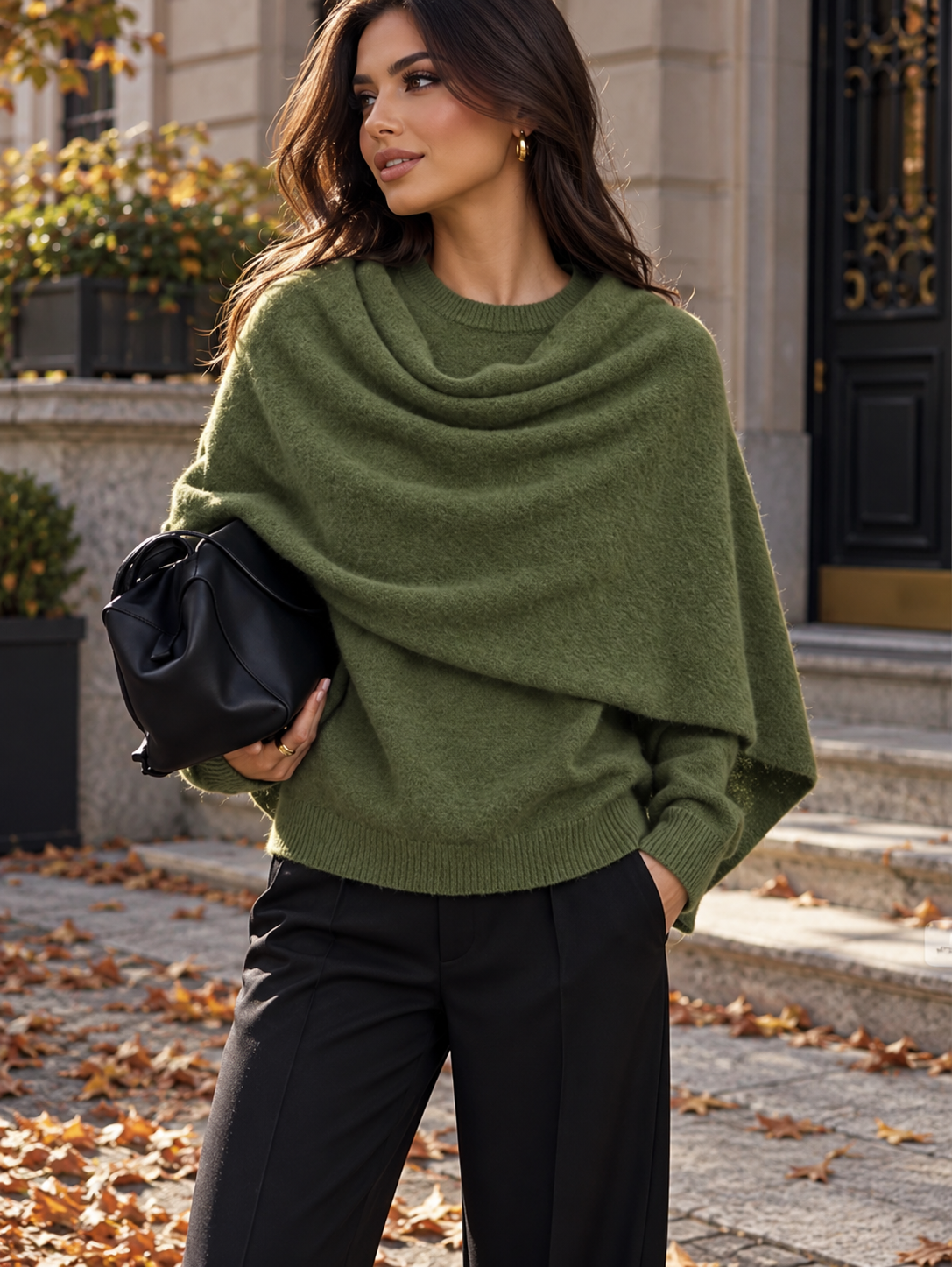 Ženski božićni oversized pleteni pončo top s kravatastim rukavima, francuski minimalistički stil, široki pulover, maslinasto zelena, jesenja i zimska odjeća za brunch