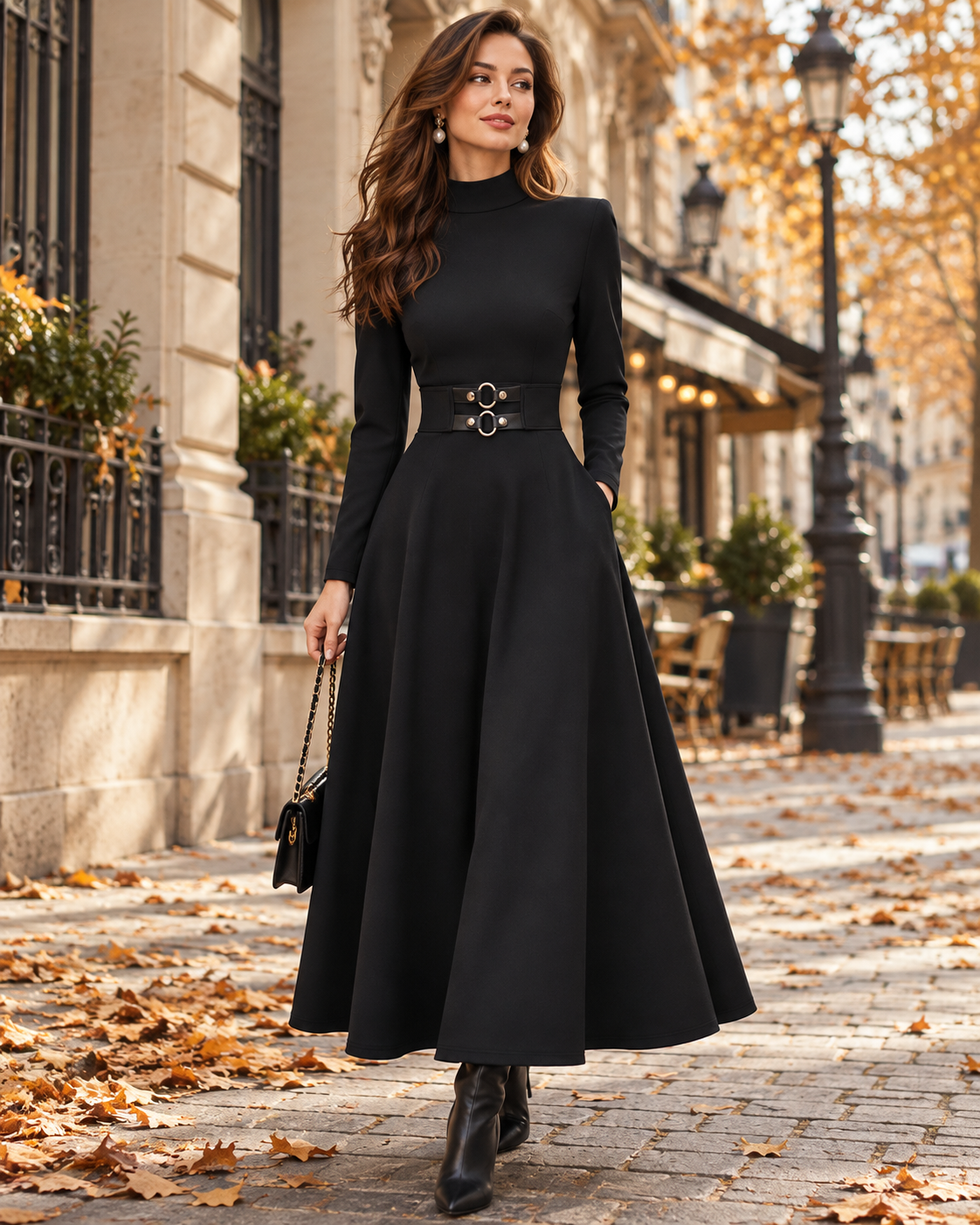 Ženska crna elegantna modna haljina za jesen/zimu, svestrana, uskog kroja, s visokim ovratnikom, dugim rukavima, remenom i srednje duljine, za posao