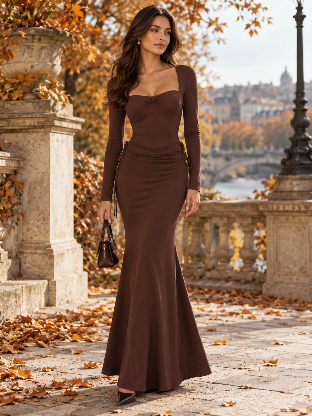 Elegantna smeđa formalna haljina jednobojna bez leđa za izlazak, elegantna haljina za zabavu, ženski jesenski outfit, outfit za blagdan, zimska haljina, Hocodress, Datenightdress