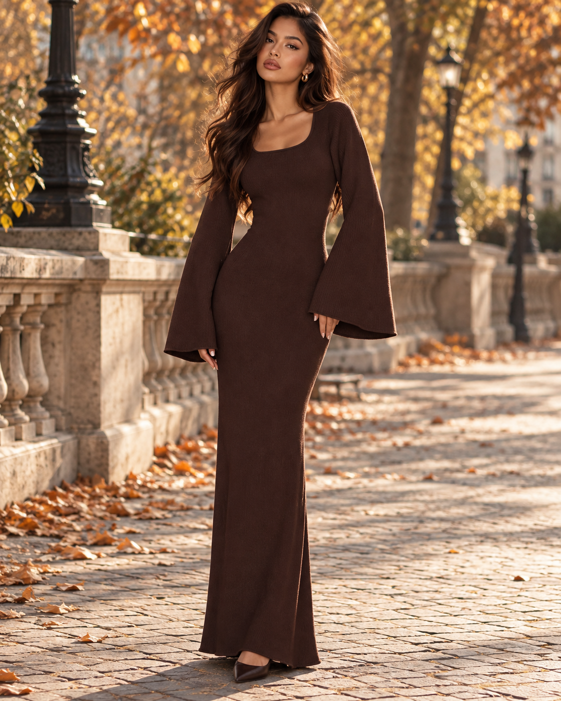 Ženska ležerna elegantna maxi haljina za svaki dan i ulični stil, okrugli izrez, uska, s raširenim rukavima i vezivanjem na leđima, jesen/zima, smeđa