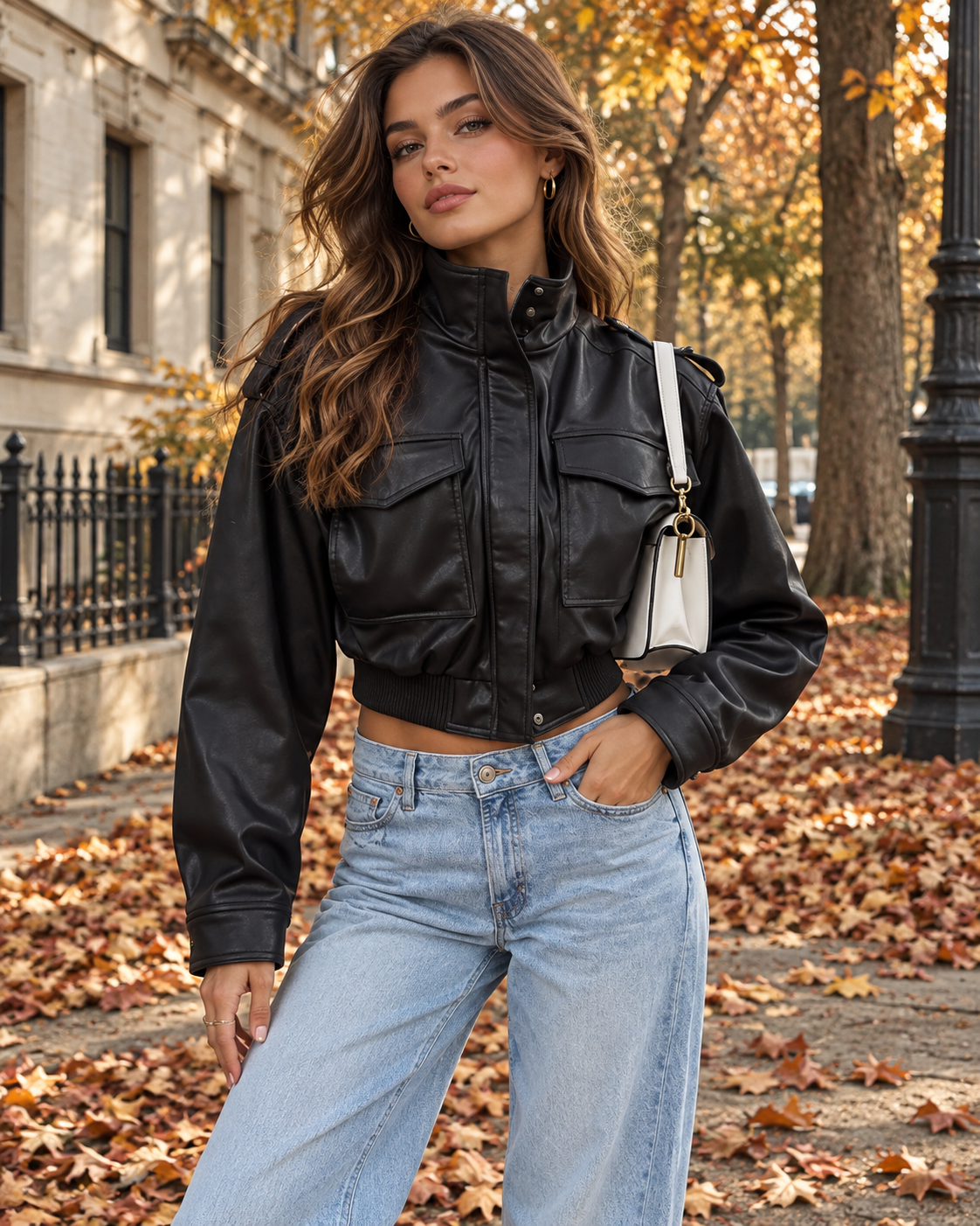 Ženska crna kožna aviator jakna u street fashion stilu, kratka elastična jakna dugih rukava s džepovima, za jesen, zimu i proljeće, za blagdane i slobodno vrijeme