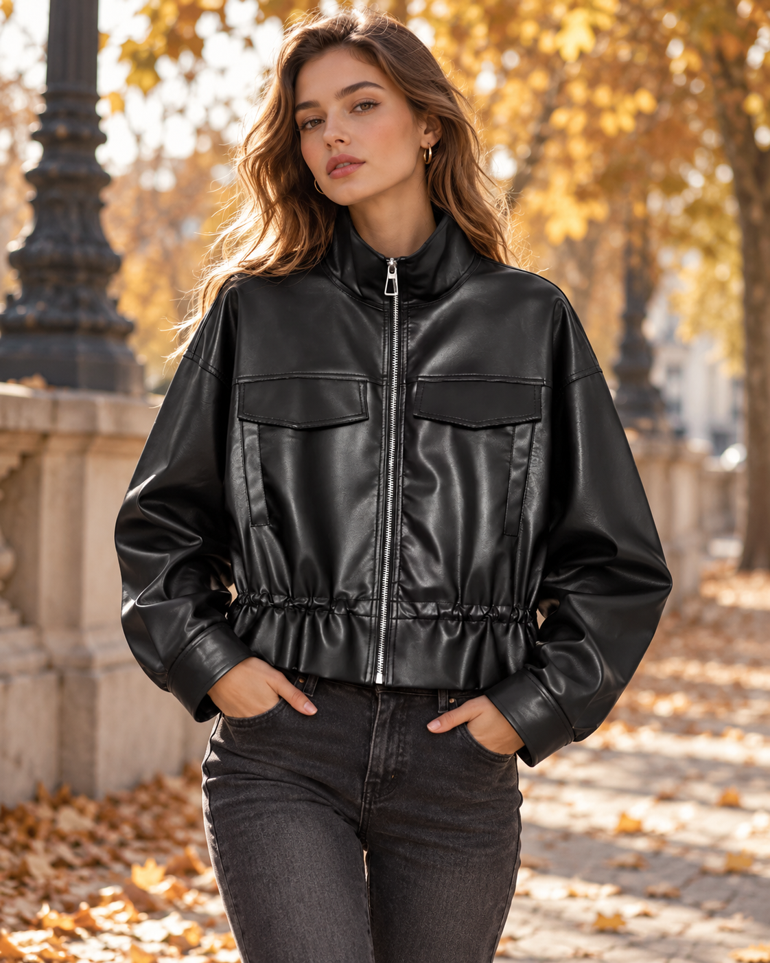 Crna ženska kratka biker jakna od umjetne kože za jesen, dugih rukava, s patentnim zatvaračem, visokim ovratnikom, vintage peplum stil, streetwear kaput